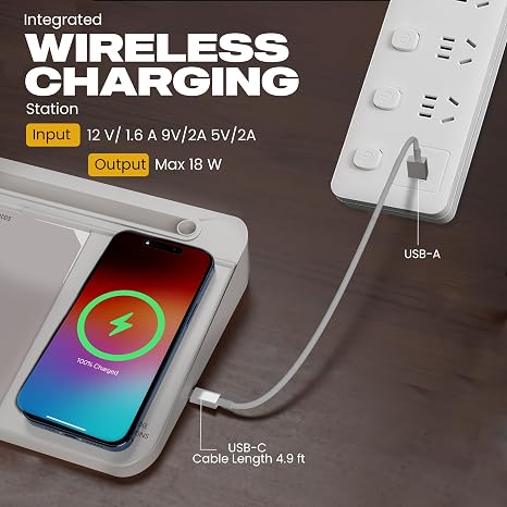 Wireless charging station with built-in whiteboard and ergonomic design for workspace efficiency.