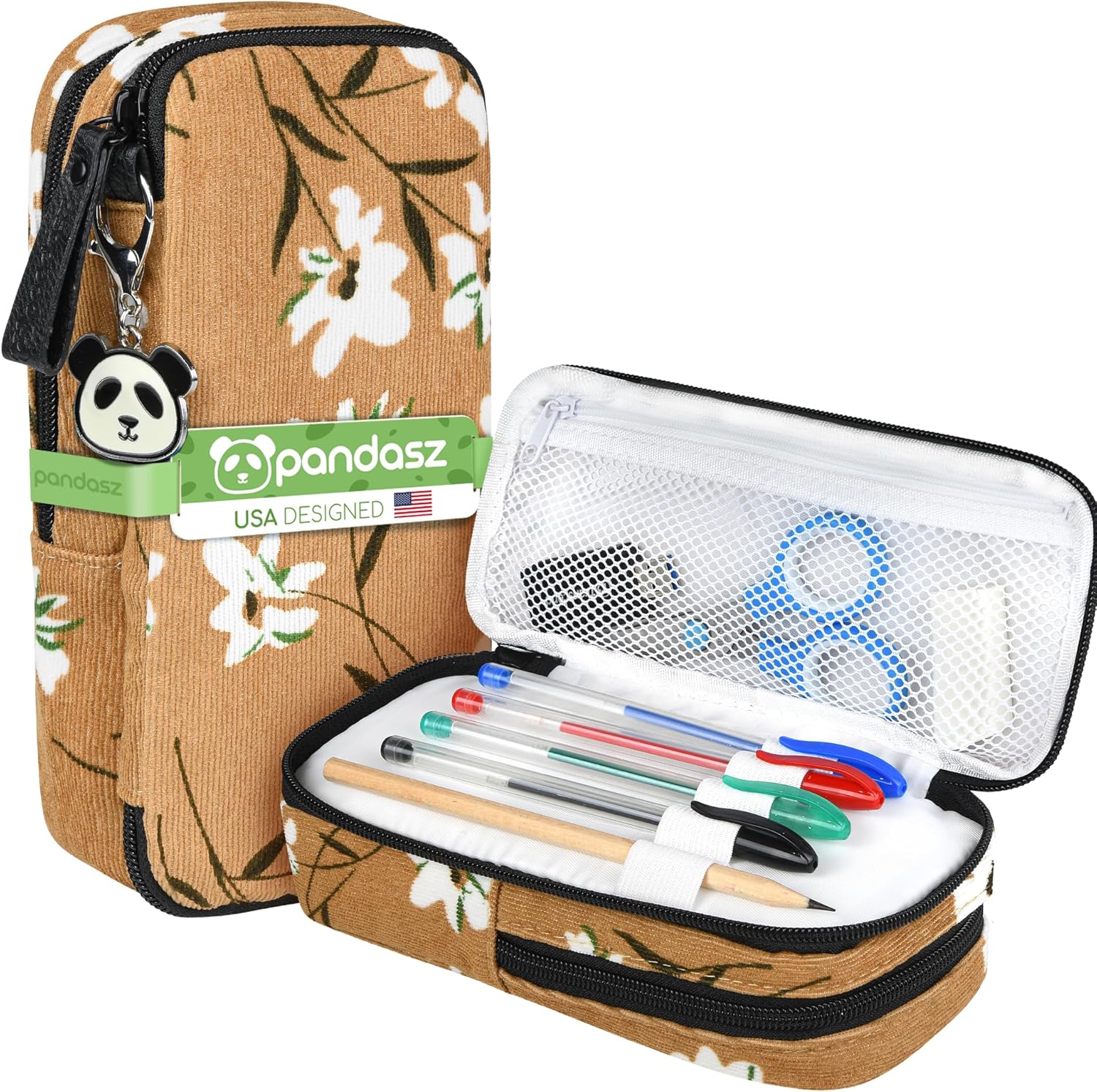 Aesthetic Pencil Case for Girls – Cute and Stylish School Supplies Organizer with Dual Zippered Compartments and Panda Keychain – Perfect for Stationery, Travel & Cosmetics