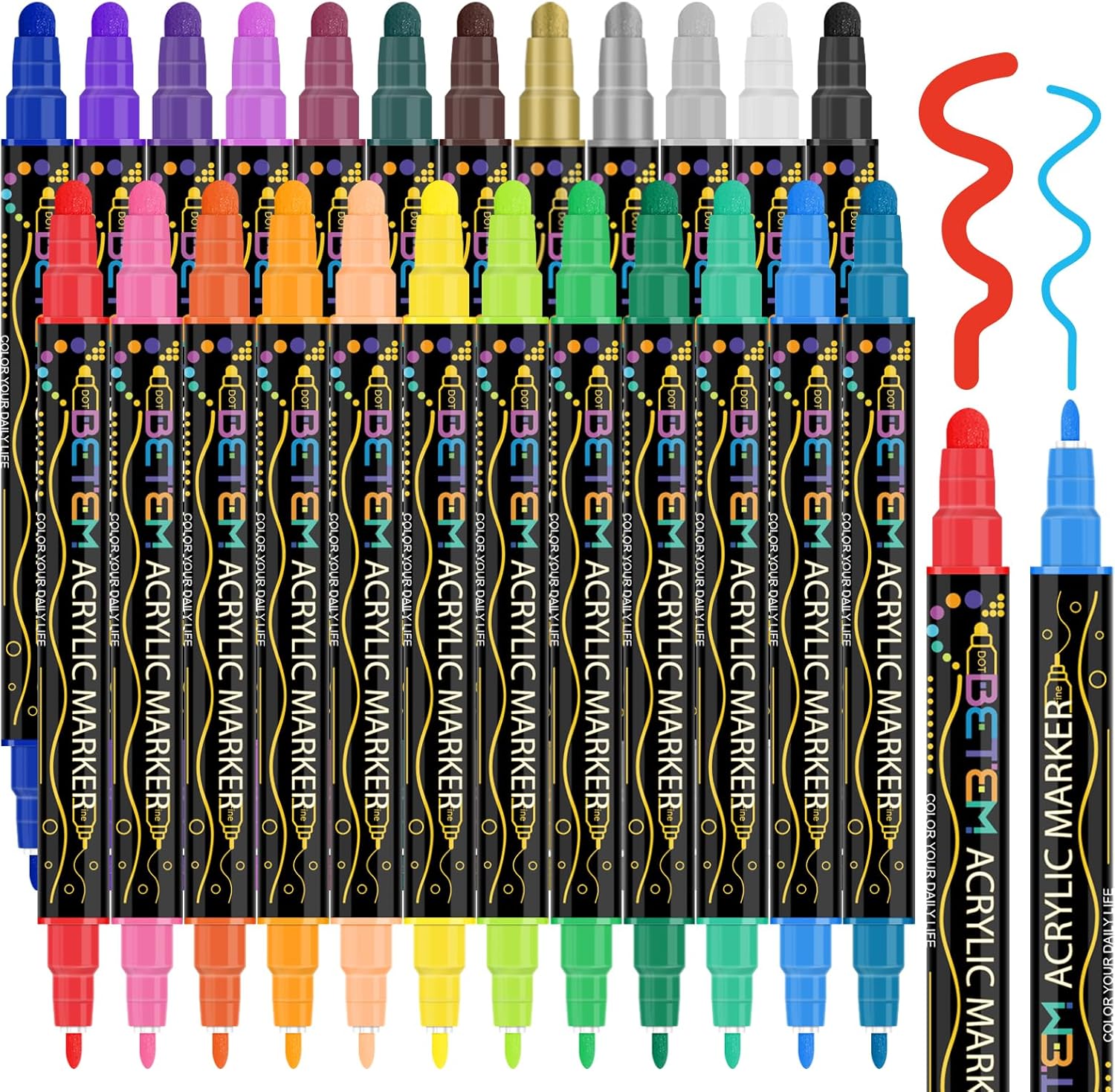 Acrylic Paint Pens – Dual Tip Art Markers for Rock, Wood, Fabric, and Canvas – Set of 24 Bright and Vibrant Colors for Artists and Crafters