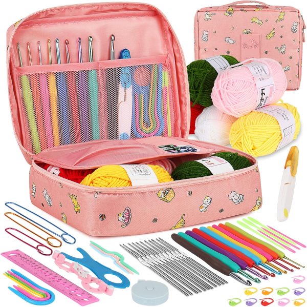 Complete Crochet Set for Beginners – 59-Piece Crochet Kit with Ergonomic Hooks, Yarn, Accessories, and Storage Bag