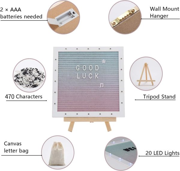 Decorative LED letter board with gradient colors and accessories.