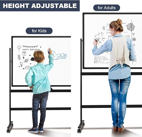 Reversible magnetic whiteboard on rolling stand, ideal for office, classroom, and presentation setti.
