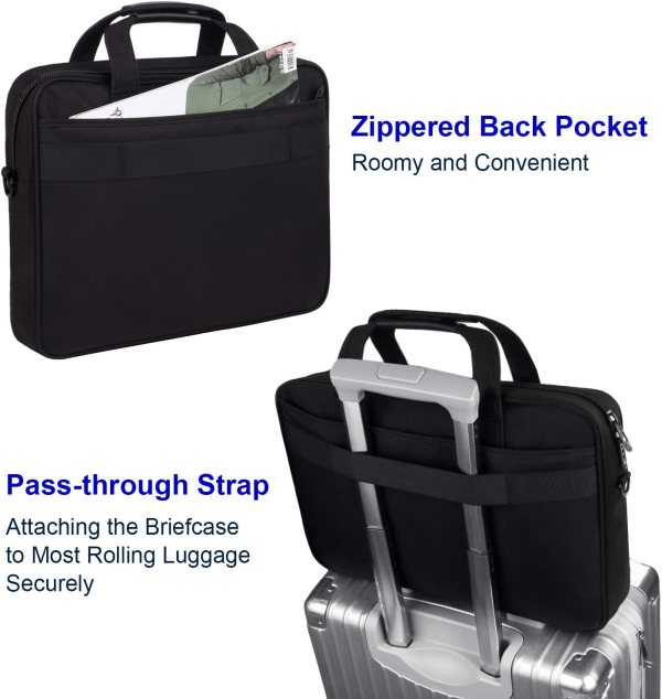 Waterproof laptop bag with zipped back pocket and pass-through strap for travel.