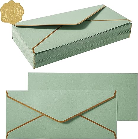 Sage Green Envelopes with Gold Border and Stickers – 50 Pack Decorative Envelopes for Letters, Invitations, and Events