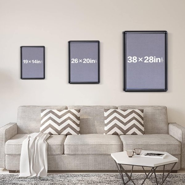 Different sized lockable letter boards on wall above sofa for business or office use.