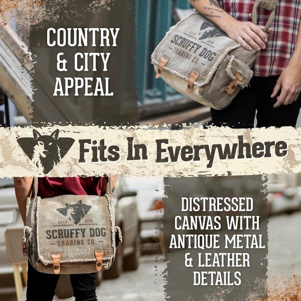 Distressed canvas messenger bag with antique metal and leather details for men and women.