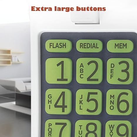 Lighted keypad phone with speed dial and wall mount features for easy use and accessibility.