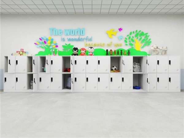 Kids' storage cubbies with colorful decorations and toys in a bright room.