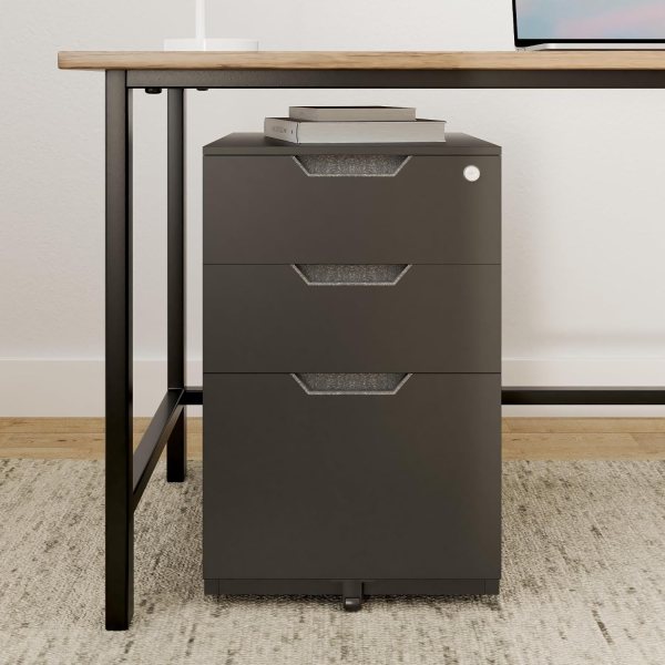 Filing cabinet with 3 drawers, lockable storage, rolling casters, and hanging file frame for efficie.