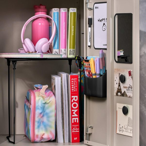 School locker with organizer kit including whiteboard, mirror, and accessories.