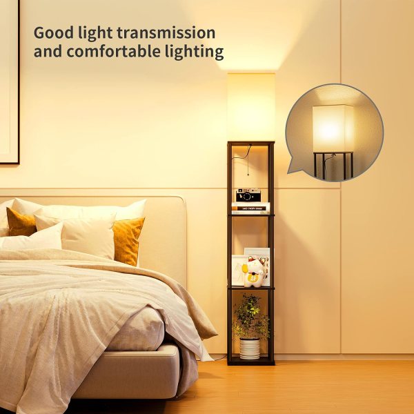 Floor lamp with storage shelves, dimmable LED light, and adjustable color temperatures, ideal for li.