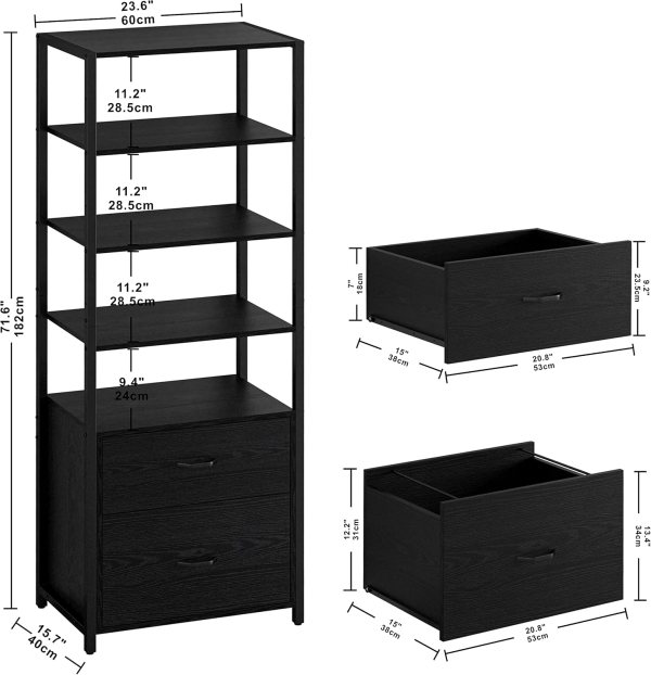 Office storage cabinet with open shelves and drawers for organizing books, files, and office supplie.