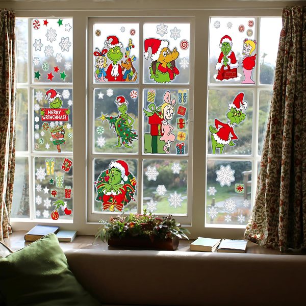 Christmas Window Stickers – Reusable Holiday Window Clings Featuring Grinch, Snowflakes, and Christmas Balls, Easy to Apply Without Residue