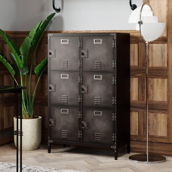 Secure metal office locker with 6 doors and adjustable shelves.
