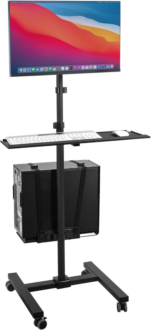 Computer Cart, Rolling Computer Desk, Mobile Desk Workstation with Monitor Mount for up to 32″ Screen, Full Keyboard Tray, Floating Adjustable CPU Holder, Standing Computer Cart 70″ Tall