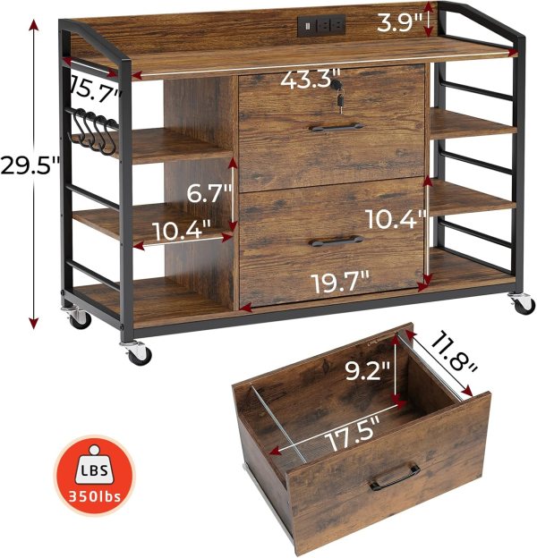 Secure home office storage with lockable filing cabinet, adjustable shelves, charging ports, and mob.
