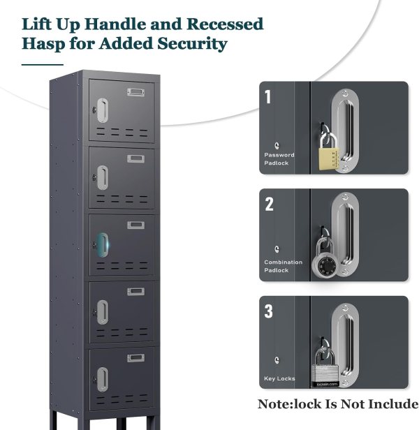 Steel locker with lift-up handle and three security options including padlocks and key lock.