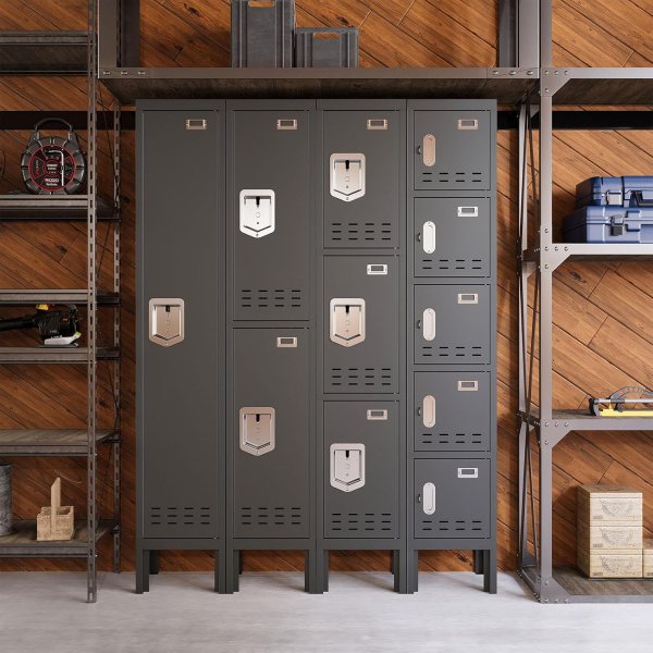 Multi-compartment steel locker for office, gym, or school storage.