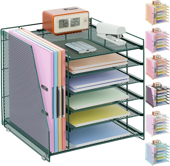 File Organizer – Vertical Desk Organizer with 6 Tray Spaces and Magazine Rack, Durable Steel Frame for Office Storage and Organization