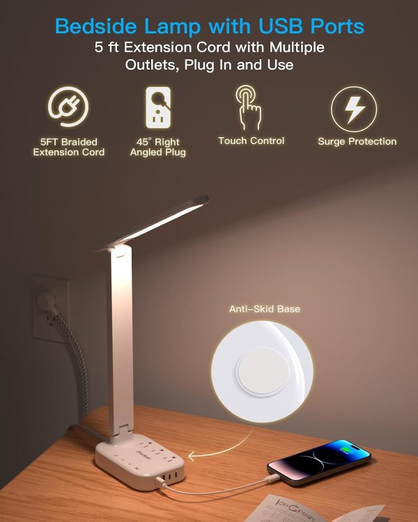 Bedside LED desk lamp with USB charging ports, touch control, and adjustable brightness for home, of.