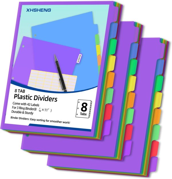Ring Binder Dividers with 8 Tabs – Durable Plastic File Separators for Easy Organization, Set of 3 Packs – Perfect for School, Office, and Home Use