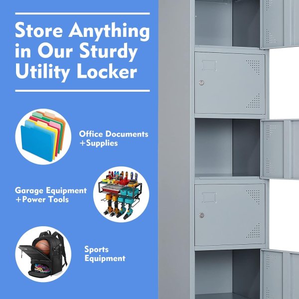 Metal utility locker for office, school, and home storage solutions.
