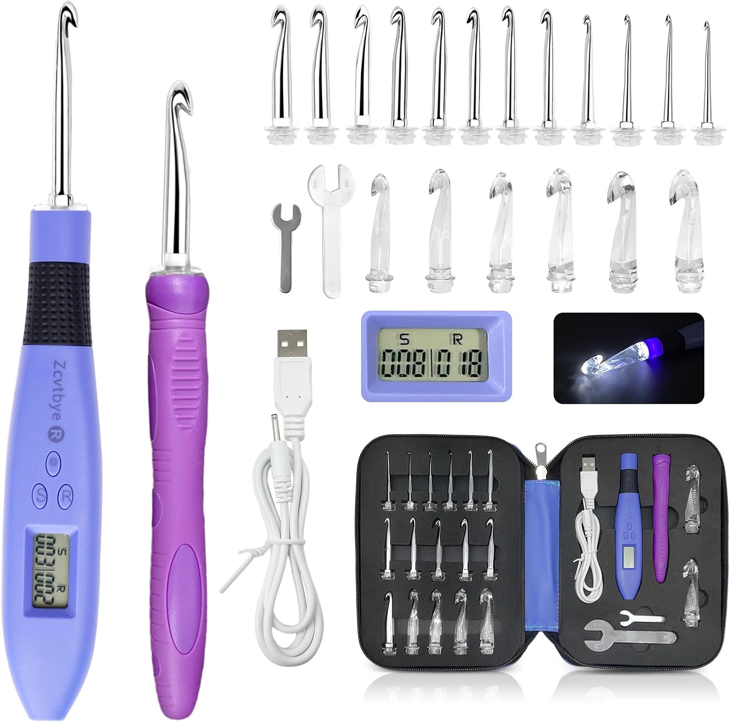 Lighted Crochet Hook Set with Digital Counter – Ergonomic 18-Piece Set for Easy Stitch Tracking