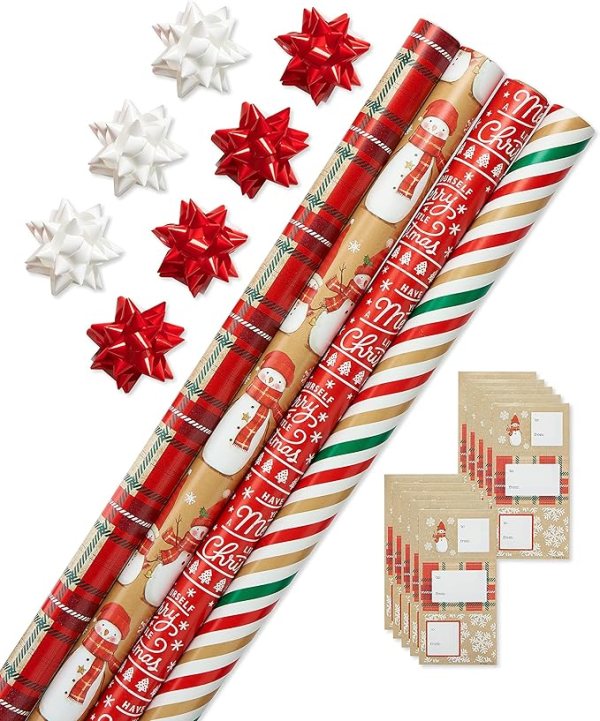 Gift Wrap Set with Snowman, Plaid, and Stripe Prints – 4 Rolls, 30 Gift Tags, Red and White Bows, and Reversible Wrapping Paper for Holiday Gifting