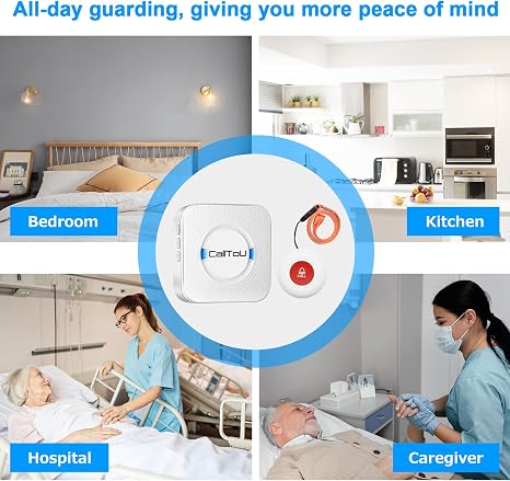 Caregiver alert system with SOS buttons for home, hospital, bedroom, and kitchen safety.