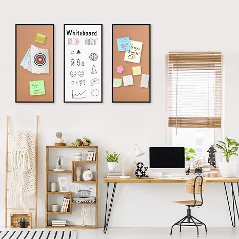 Whiteboard and corkboard set with office desk and decor in modern workspace.