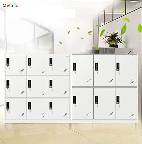 Metal storage lockers with vents and locks for office, garage, or home use.