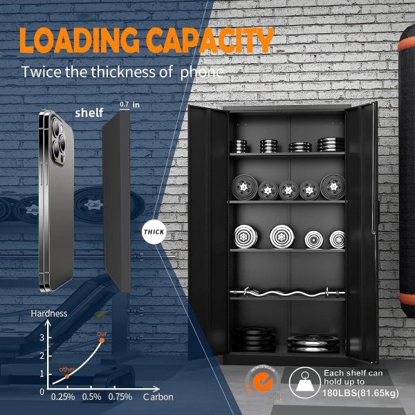 Industrial storage cabinet with adjustable shelves and lock for heavy-duty use.