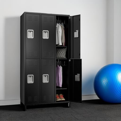 Black metal storage locker with open doors showing clothes and accessories inside.