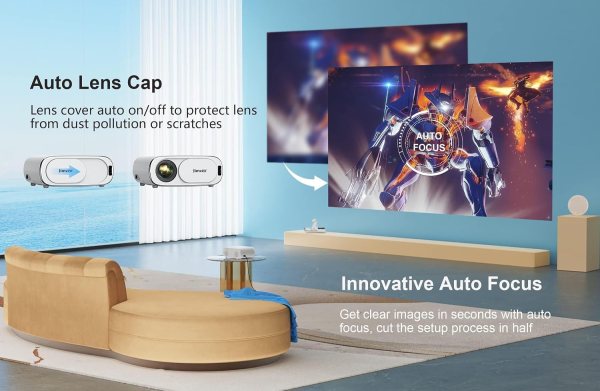 Auto focus projector lens cover with AI autofocus technology.