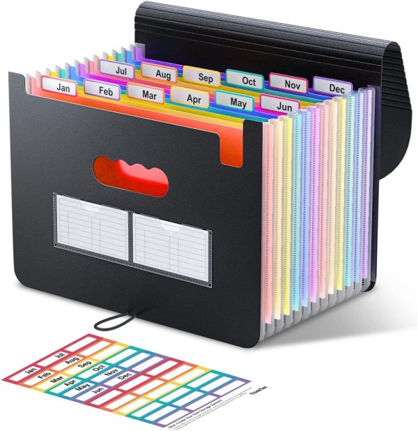 Accordion File Organizer with 12 Pockets, Expandable Portable Document Organizer with Colorful Tabs for Bills, Receipts, and Office Files