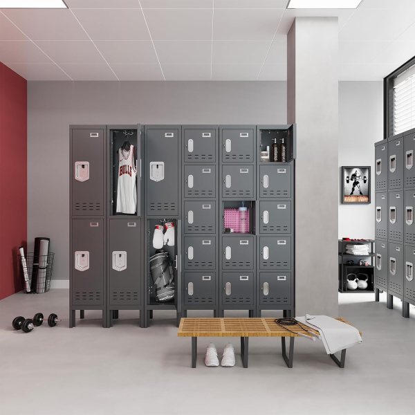 Secure steel lockers with multiple compartments for gym, office, or school storage.