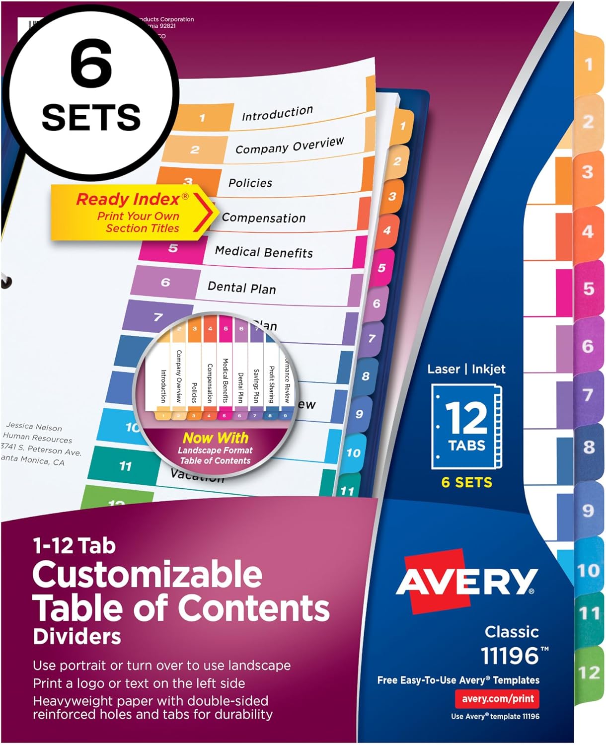 Tab Dividers for Binders with Printable Table of Contents, Preprinted Multicolor Tabs for Custom Labeling