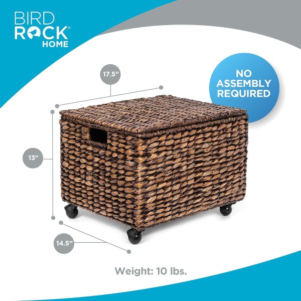 Seagrass storage basket on wheels for office or home organization.