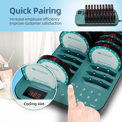 Pager system for restaurant customer notifications with vibration and light alerts.
