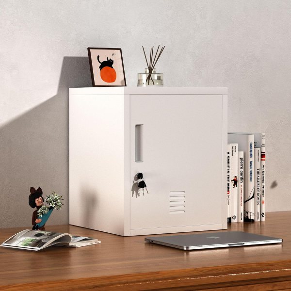 White lockable metal storage cabinet with adjustable shelf for office or home.