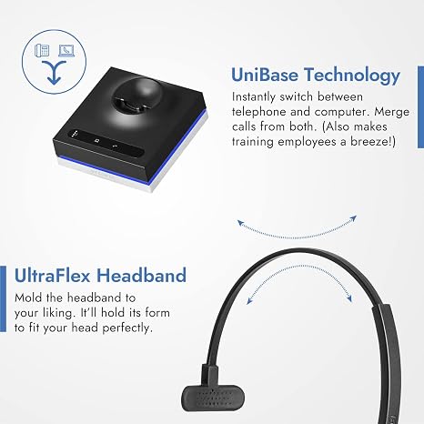 Wireless DECT headset for computer and phone, ideal for noisy offices. 5-year warranty for reliable.