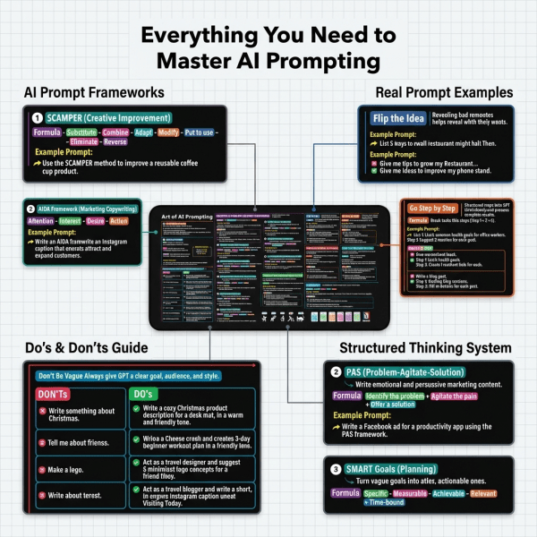 Desk mat with AI prompt frameworks and structured thinking system.