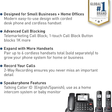 Office phone system with corded base and 2 cordless handsets for small businesses.