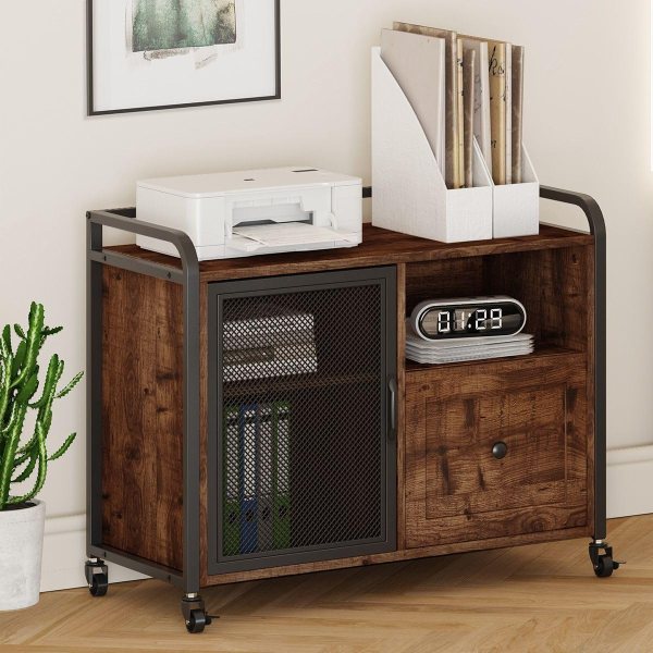 Storage cabinet for home office with adjustable shelves, file drawer, and open compartments for desk.