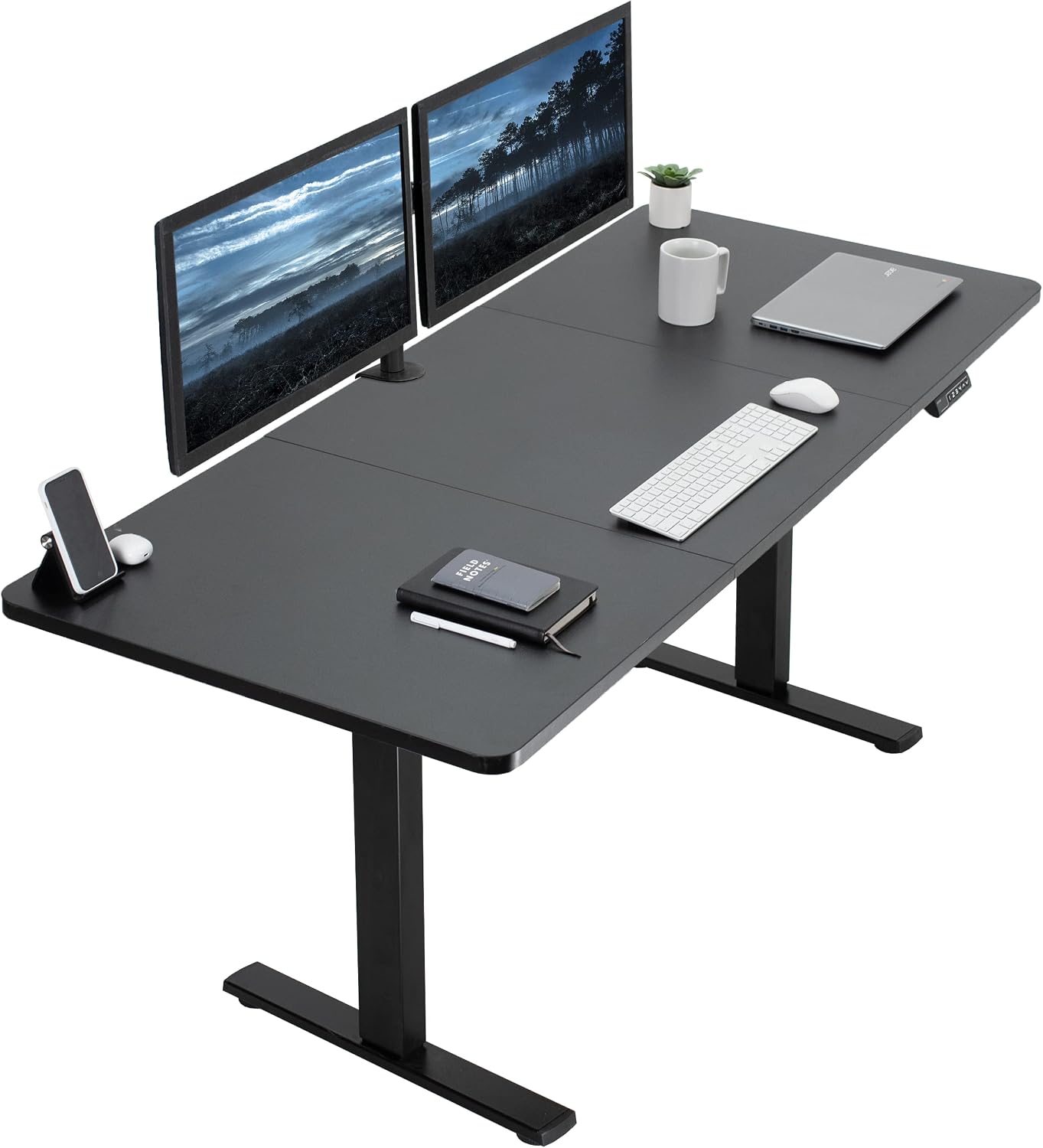 Electric Height Adjustable Memory Stand Up Desk, Black Table Top, Black Frame, Standing Workstation with Preset Controller