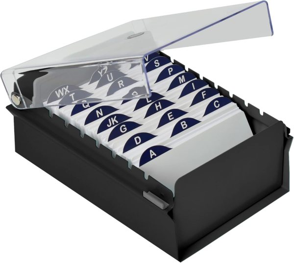 Card File Holder with Clear Lid and AZ Index Dividers for Business Cards, Contact Information, Study Notes & More – Durable and Elegant Card Storage Solution