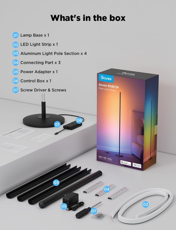 RGB floor lamp with voice control and customizable colors for modern living spaces.