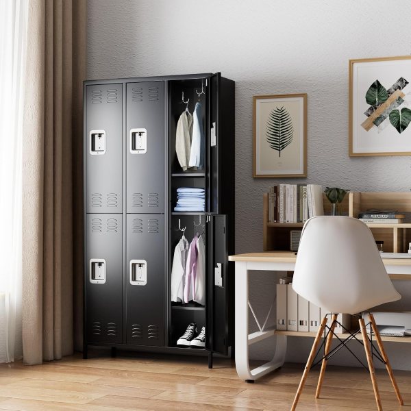 Durable black metal storage locker with open doors in modern room.