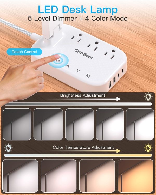 LED desk lamp with USB charging ports, 5 brightness levels, and 4 color modes for home, office, or s.