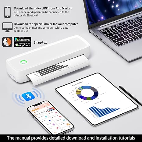 Cordless thermal printer for travel, office, and mobile printing, compatible with smartphones and ta.